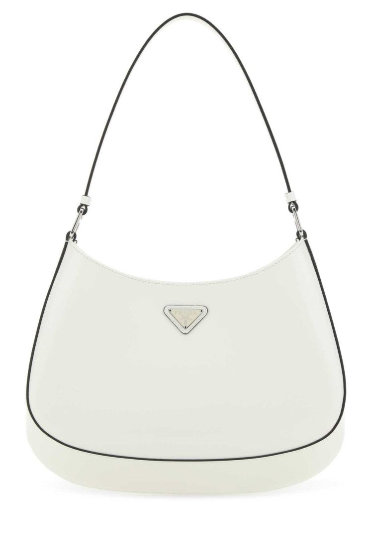 Prada Curved White Shoulder Bag With Triangular Logo And Gold Hardware
