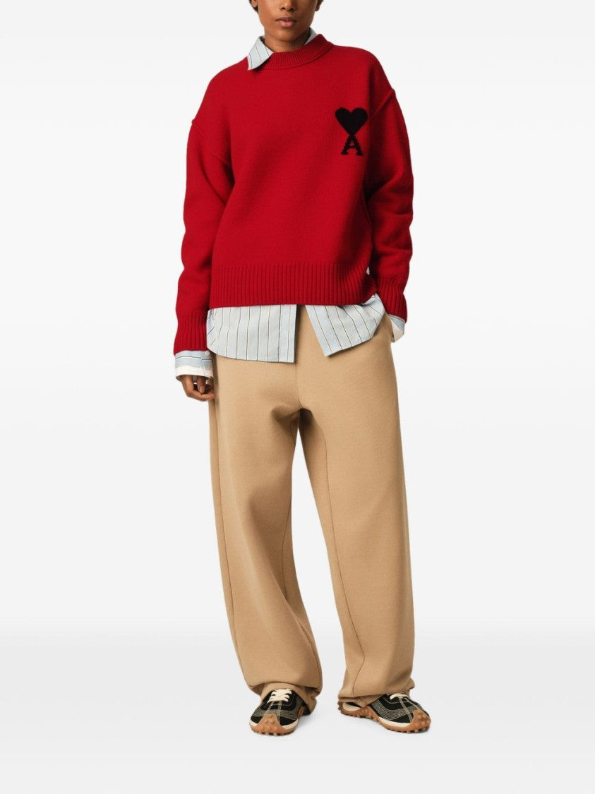 Ami Paris Boxy Fit Red Knit Sweater With Embroidered Heart Detail