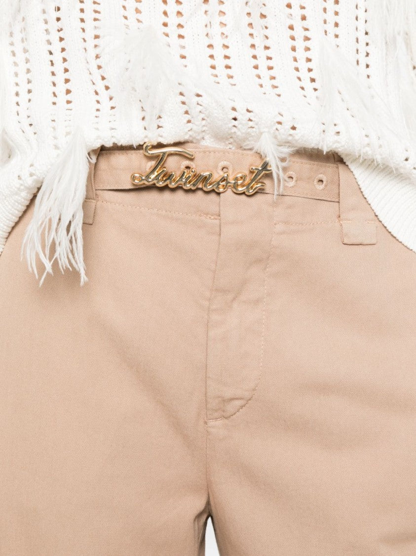 Twin-Set Cropped Beige Wide-Leg Trousers With Gold-Tone Logo Detail