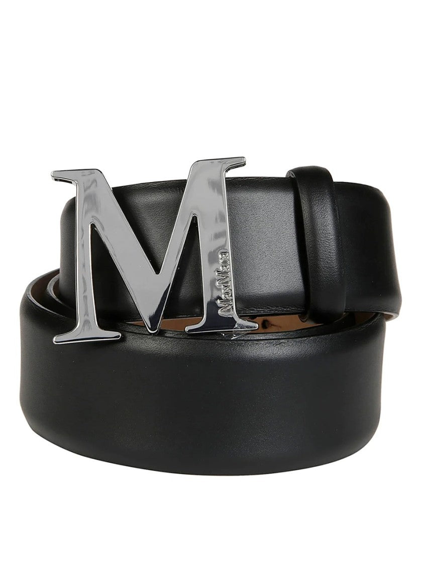 Max Mara Smooth Black Leather Belt With Polished Silver Letter 'M' Buckle