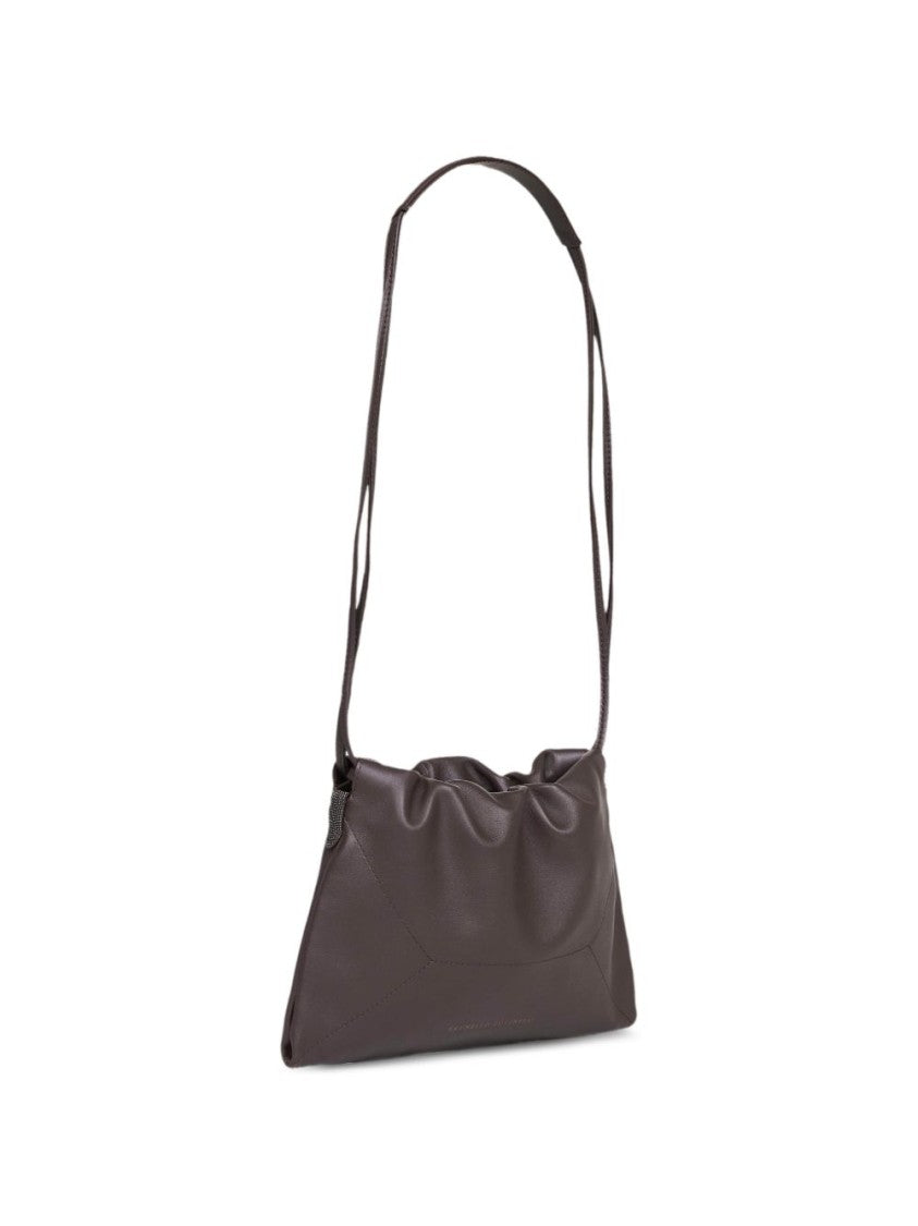 Brunello Cucinelli Brown Rectangular Leather Gathered Top Shoulder Bag