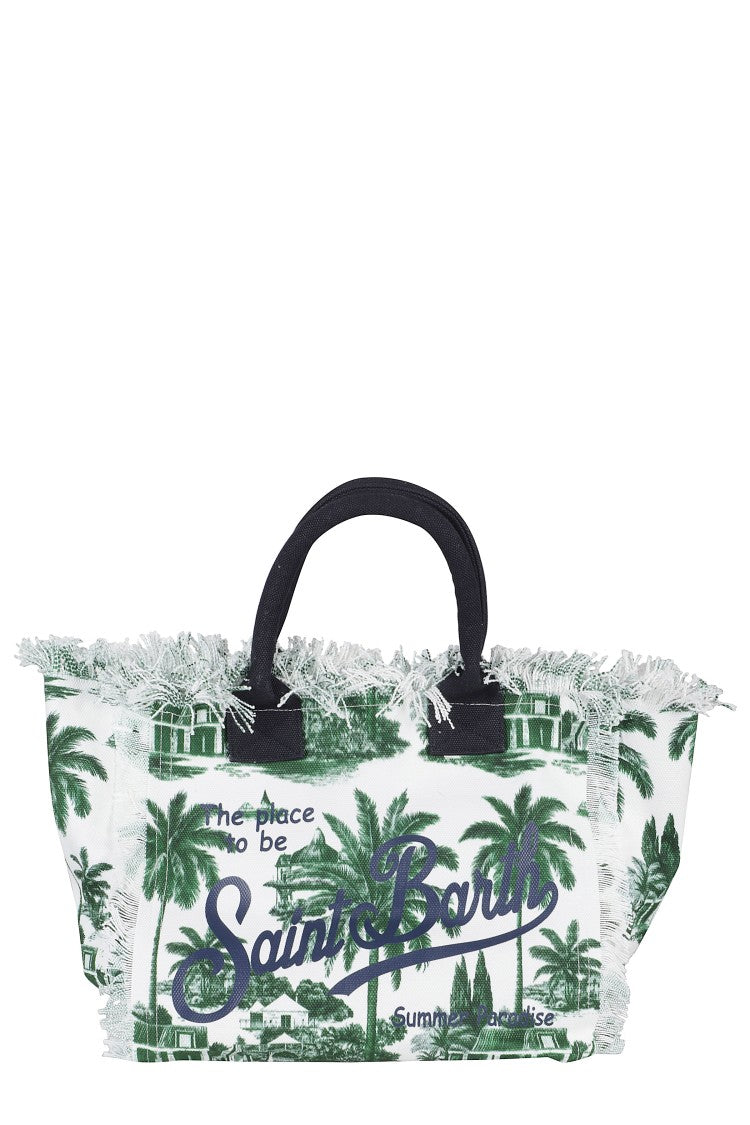 Mc2 Saint Barth Vanity Canvas Bag With Tropical Print And Frayed Edges