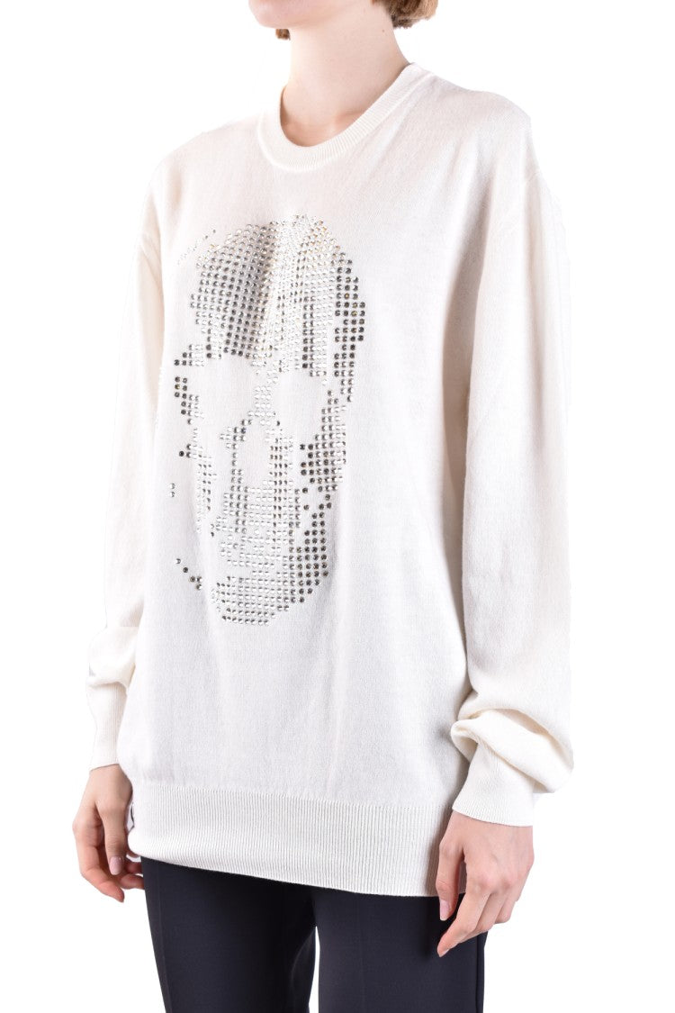 Philipp Plein Relaxed Fit White Sweater Metallic Skull