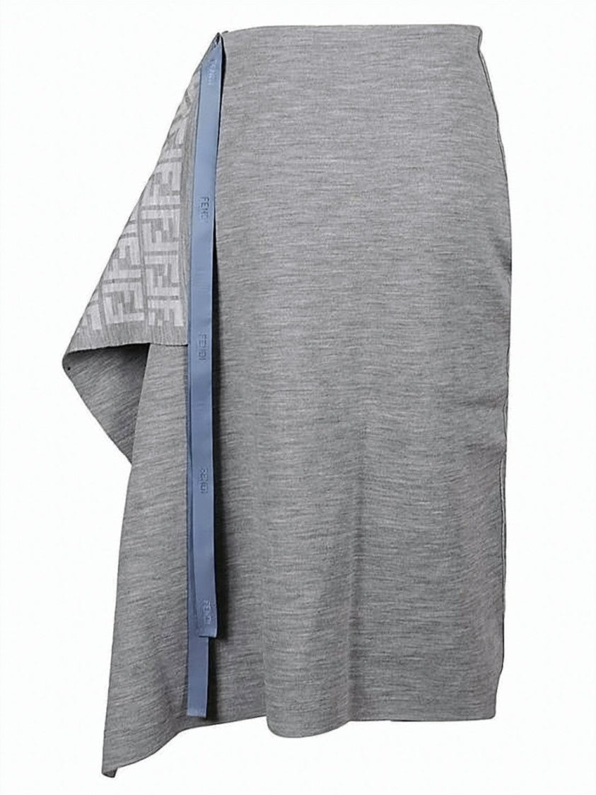 Fendi Asymmetrical Grey Midi Skirt With Draped Overlay And Monogram Detail