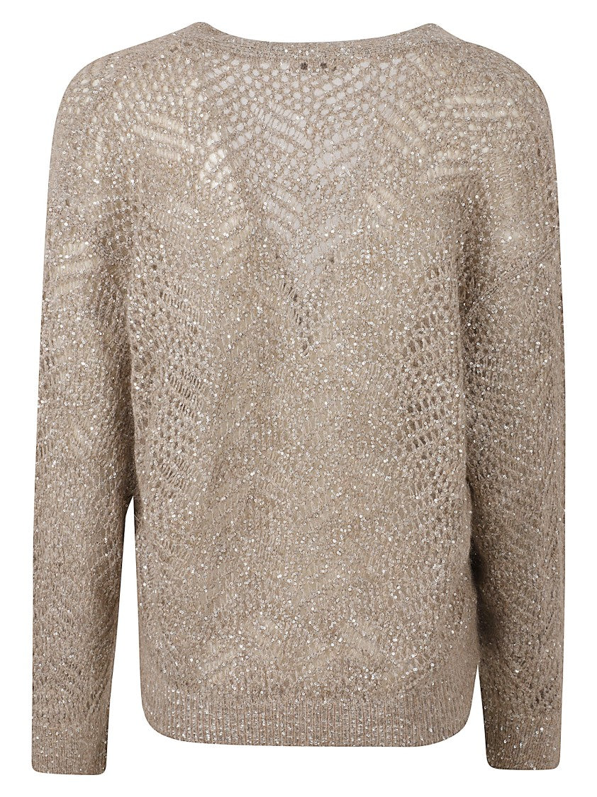 Brunello Cucinelli Cropped Cardigan With Open-Knit Sequined Design And Ribbed Cuffs