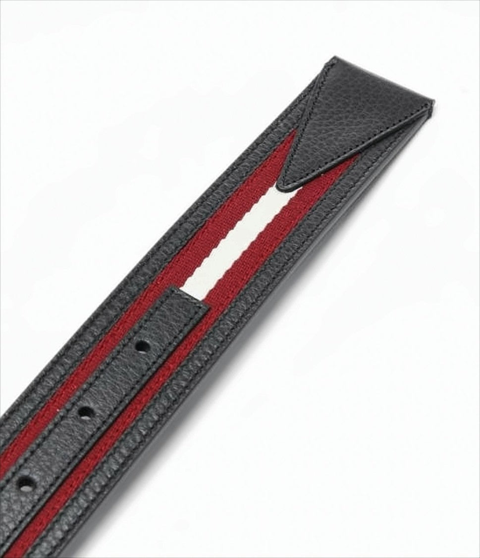 Bally Black Leather Belt With Striped Fabric Inlay