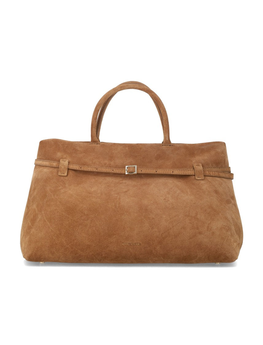 Manu Atelier Spacious Caramel Suede Handbag With Magnetic Closure And Zip Pocket