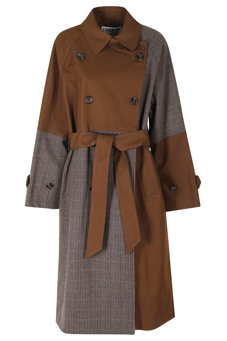 Essentiel Antwerp Brown Kagu Patchwork Double-Breasted Cotton-Blend Trench Coat