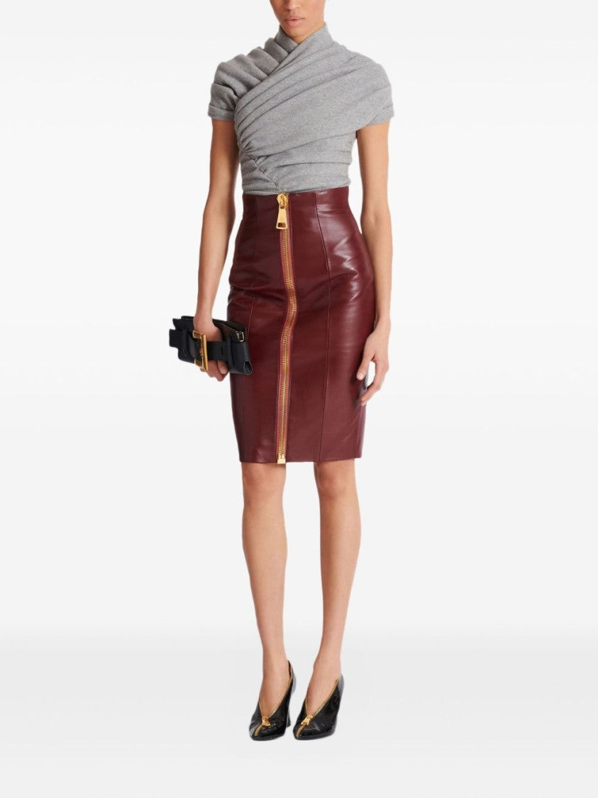 Balmain High-Waisted Pencil Skirt In Rich Brown Lambskin Leather