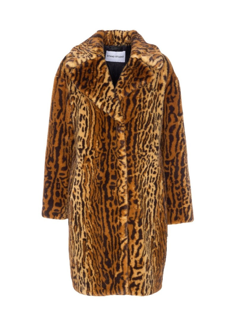 Stand Studio Spotted Brown Faux Fur Long Coat