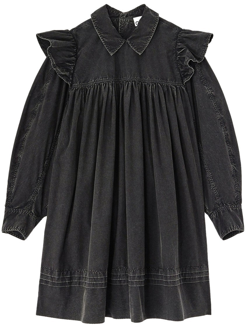Ganni Garment Dyed Black Cotton Mini Frill Dress