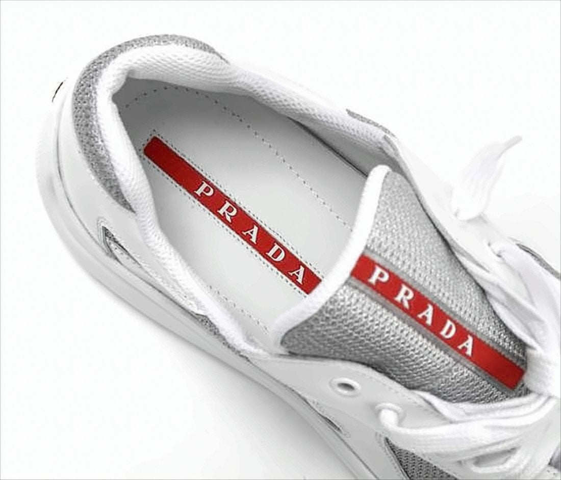 Prada White Leather And Grey Mesh Sneakers