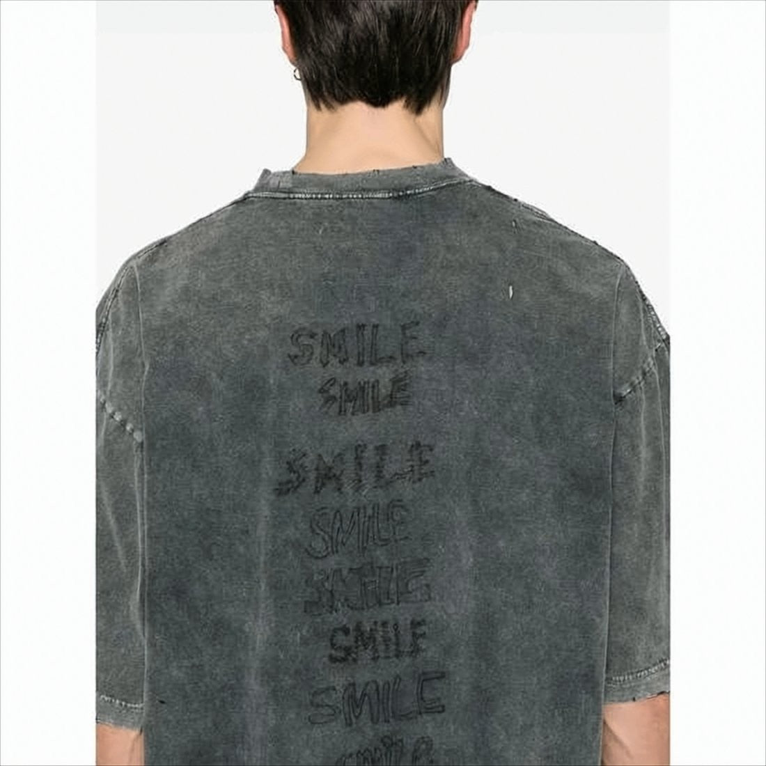 Maison Mihara Yasuhiro Washed Charcoal Grey Oversized Tee With Distressed Graphics