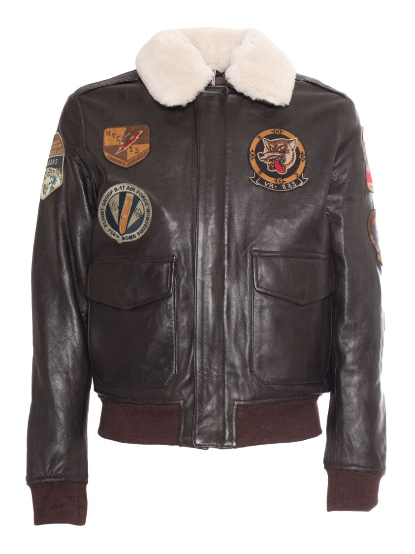 Schott Nyc Brown Vintage Aviator Leather Shearling-Collar Jacket