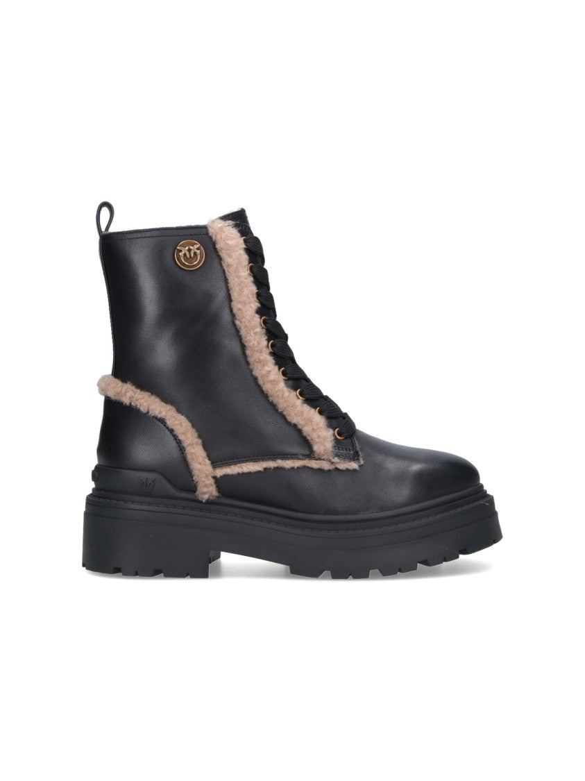 Pinko Black Leather Ankle Boots With Beige Shearling Details