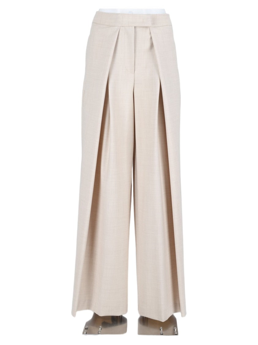 Nude Ivory High-Waisted Pleated Wool-Blend Wide-Leg Pants