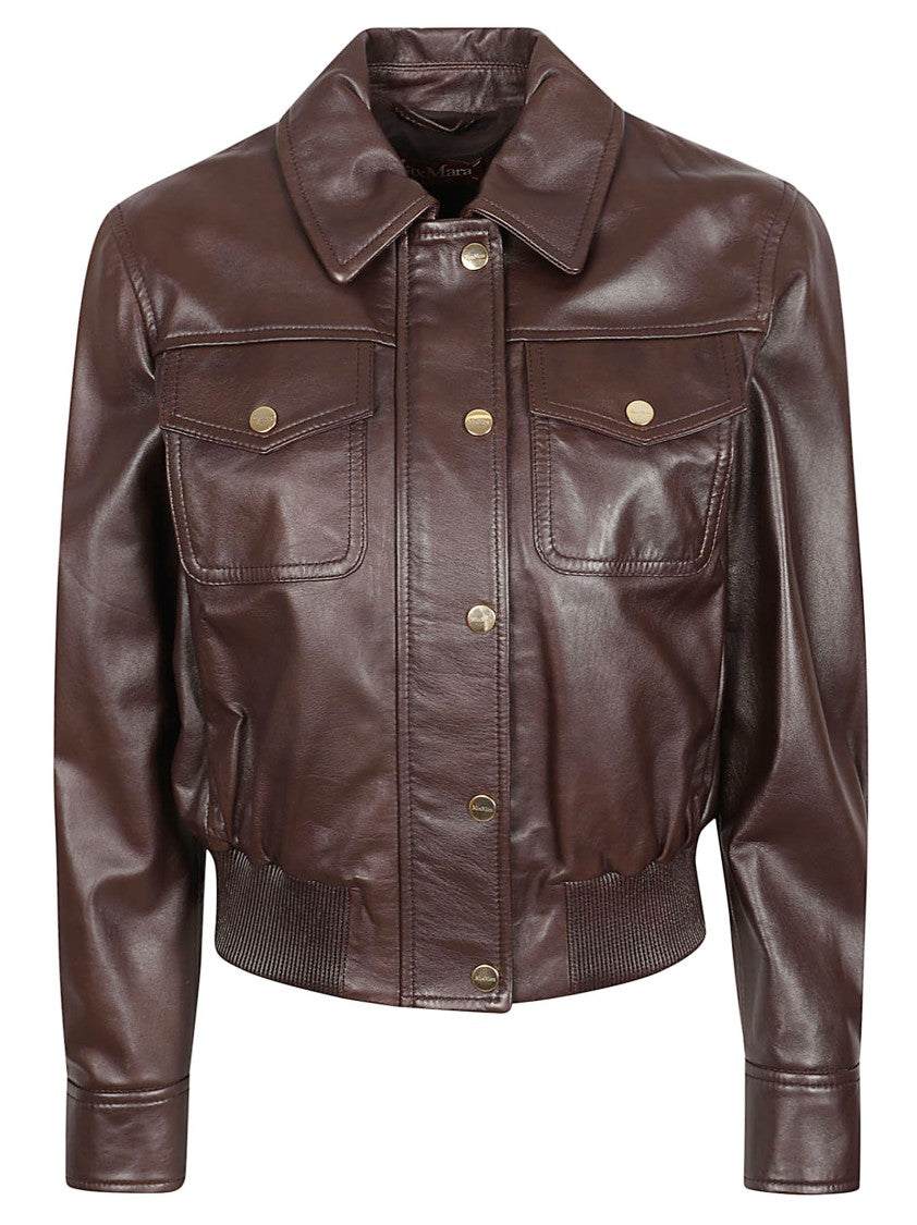 Max Mara Brown Lamb Leather Jacket With Classic Collar And Gold-Tone Accents