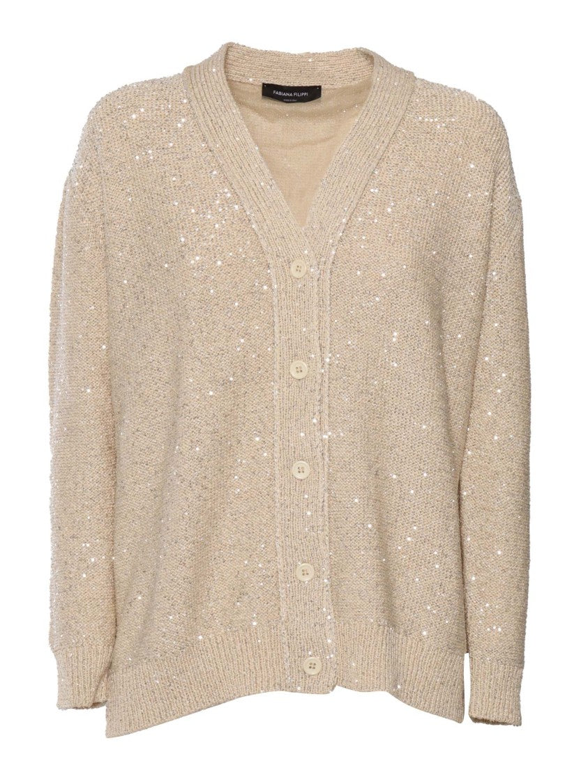Fabiana Filippi Sequin Cotton Ribbon V Neck Cardigan