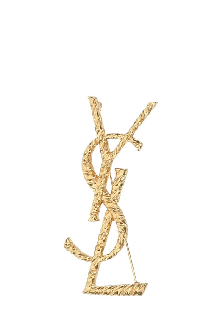 Saint Laurent Textured Gold Brass Brooch With Interlocking Letter Design