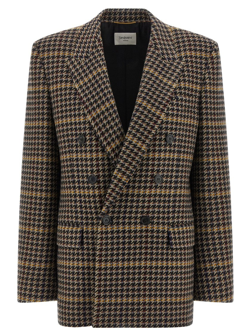 Saint Laurent Double-Breasted Wool Blazer With Houndstooth Pattern