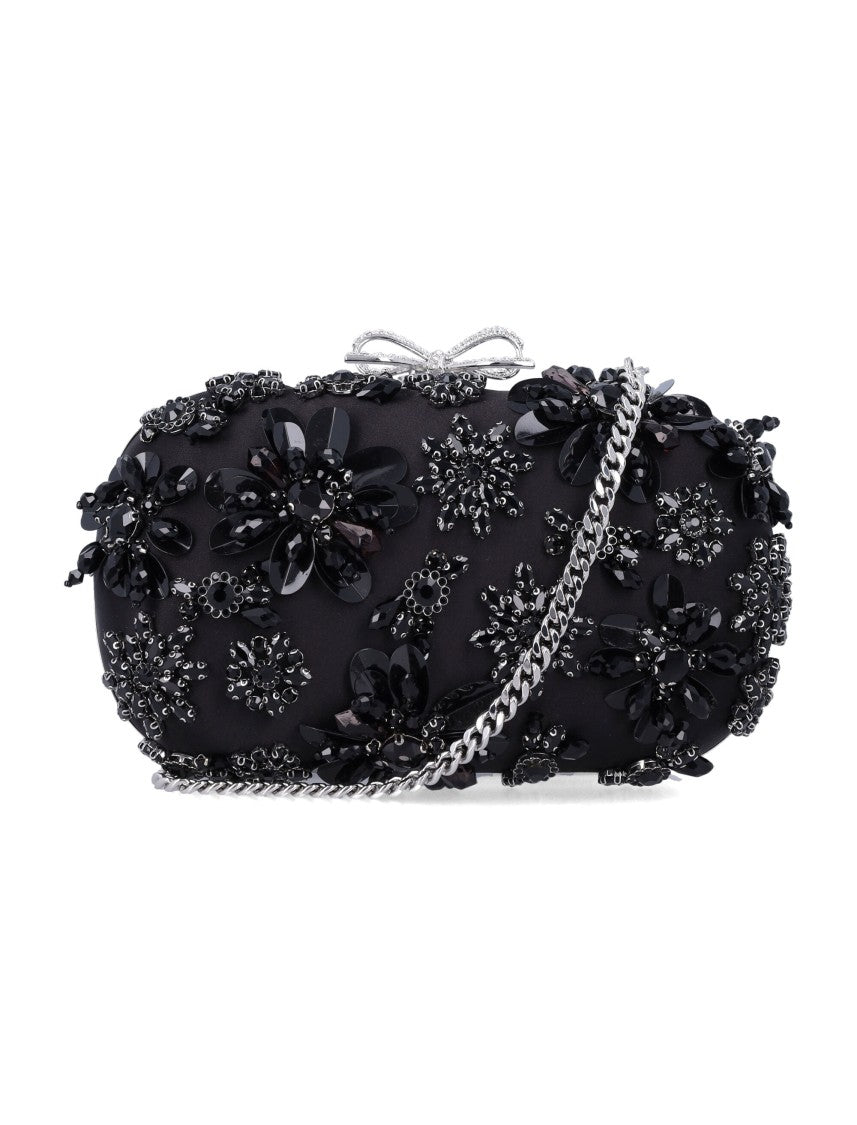 Self-Portrait Black Satin Floral Crystal Clutch With Removable Chain And Bow Accents