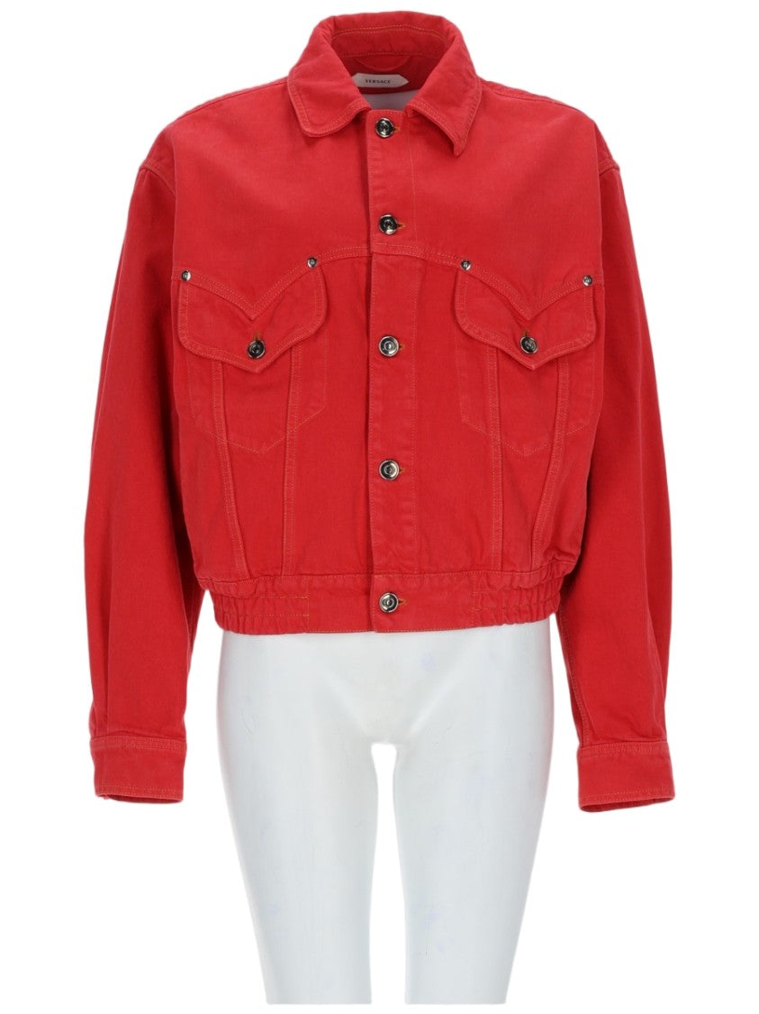 Versace Red Cropped Cotton Denim Jacket