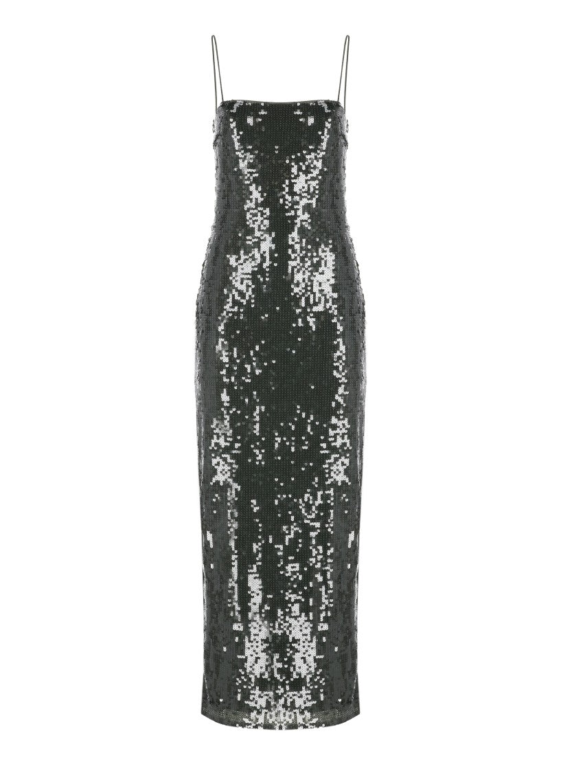 Rotate All-Over Sequin Olive Green Maxi Dress With Shoulder Pads