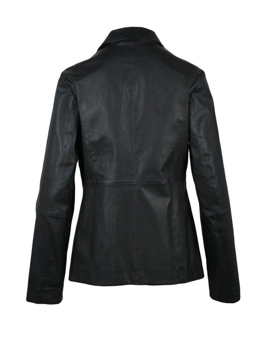 Alysi Tailored Black Leather Blazer With Classic Lapel And Button Closure