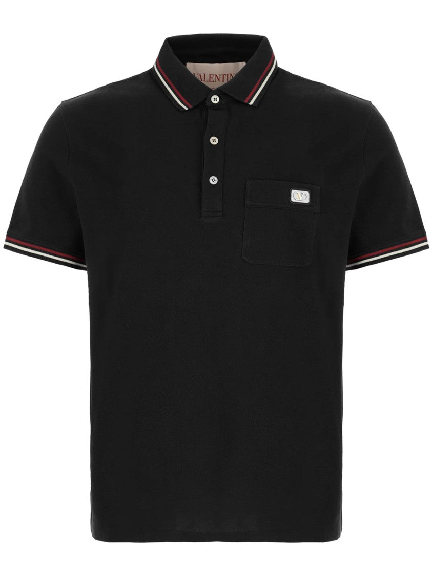 Valentino Black Short-Sleeve Striped Accent Cotton Polo