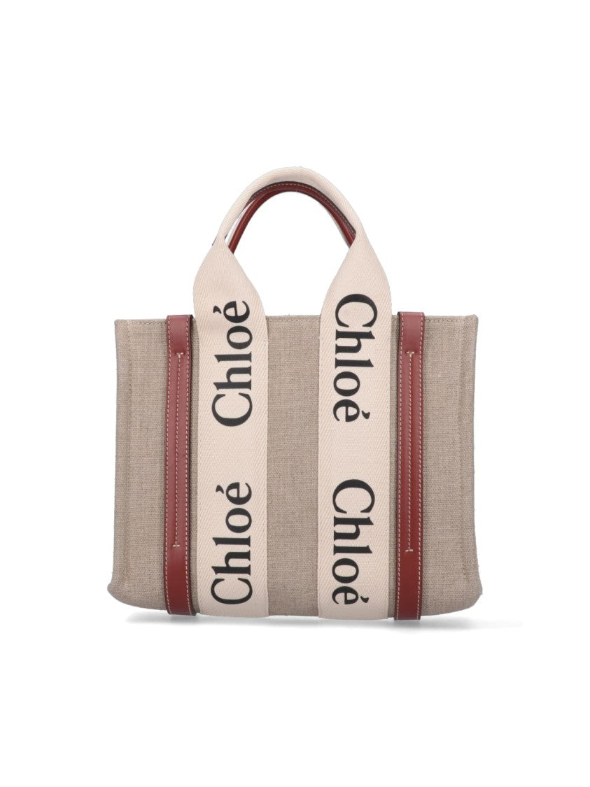 Chloé Woody Beige Linen Leather Trim Small Tote Bag