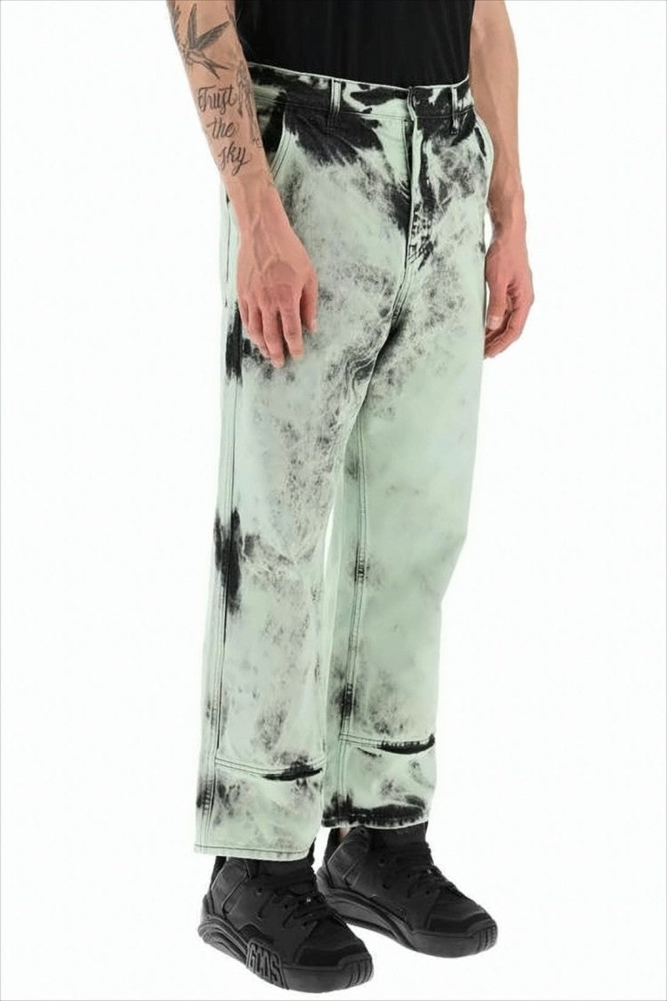 Oamc Light Green And Black Acid-Wash Denim Pants