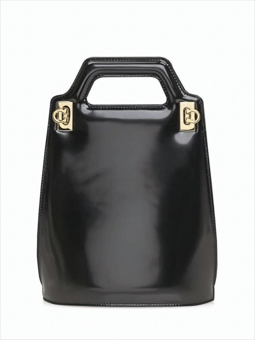 Salvatore Ferragamo Black Glossy Finish Structured Crossbody Bag