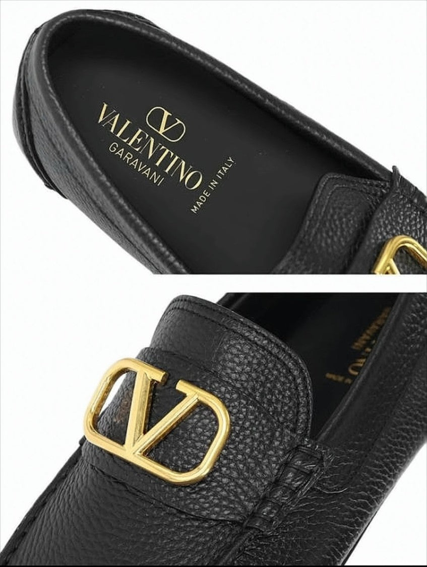 Valentino Garavani Textured Calf Leather Loafers With Gold-Tone Logo