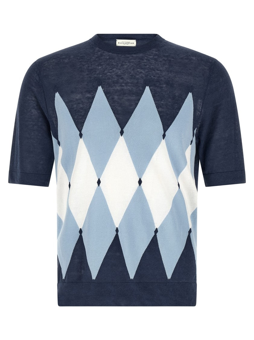 Ballantyne Front Argyle Jacquard T-Shirt In Linen-Cotton Blend