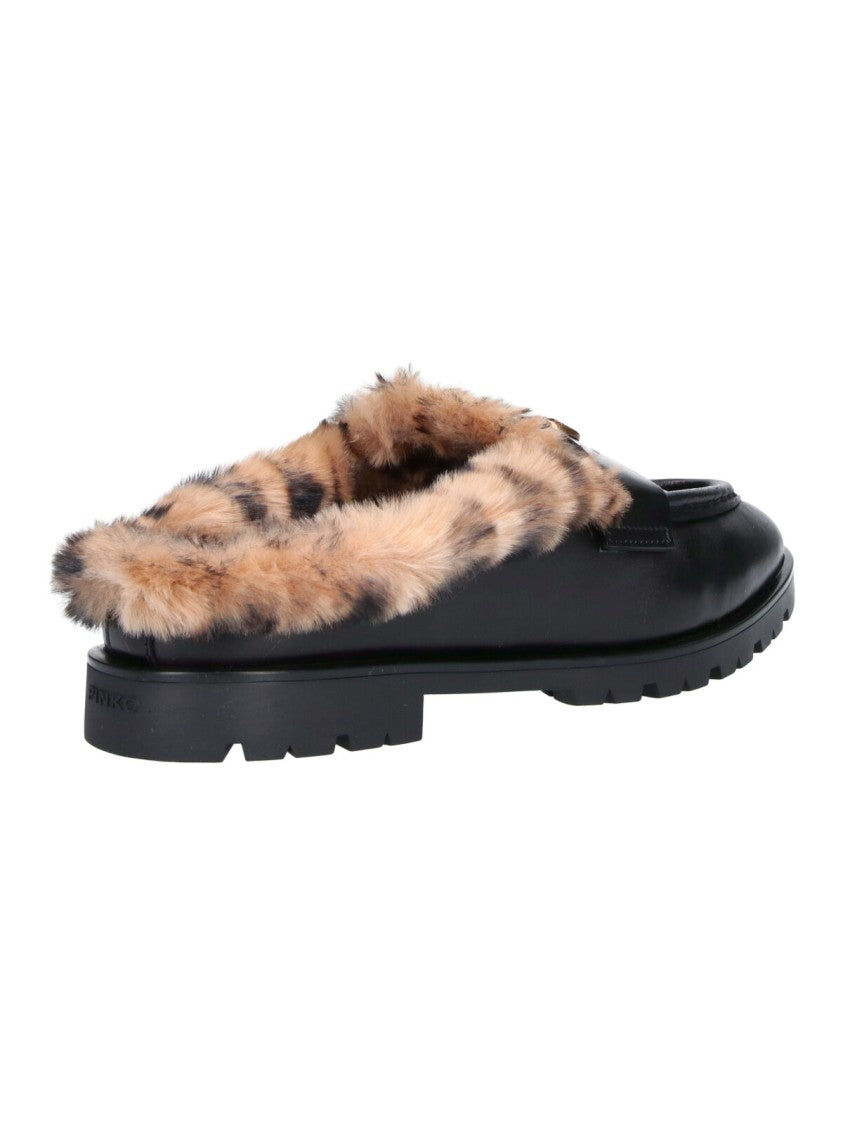 Pinko Black Kate Faux Fur Lined Leather Mules