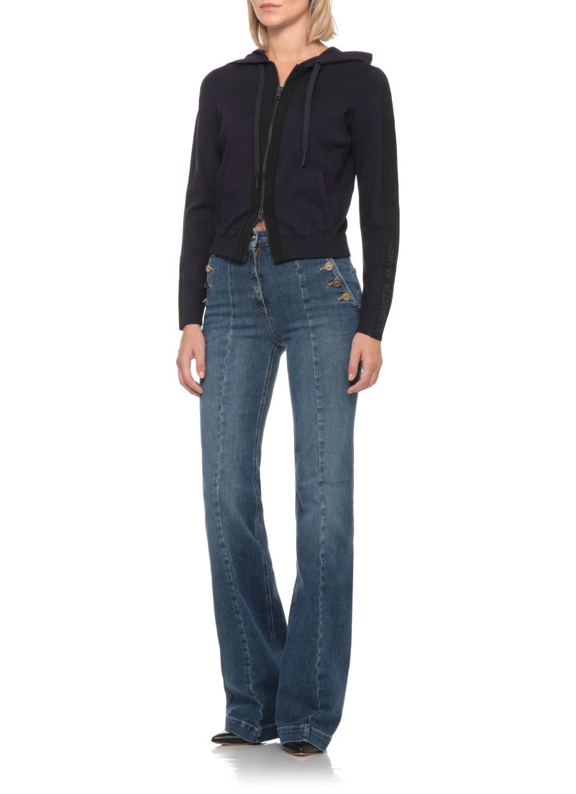 Elisabetta Franchi Blue Embossed Logo Hooded Cotton-Blend Sweatshirt