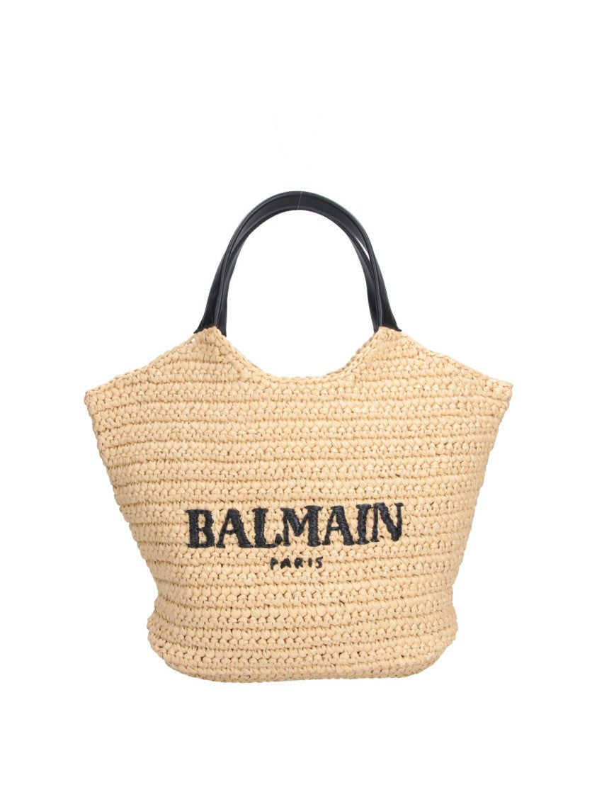 Balmain Beige Straw Rafia Logo Tote Bag