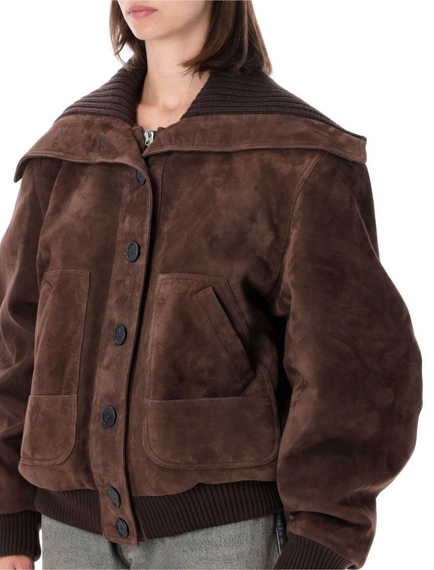 The Attico Suede Bomber Jacket With Oversized Knit Collar