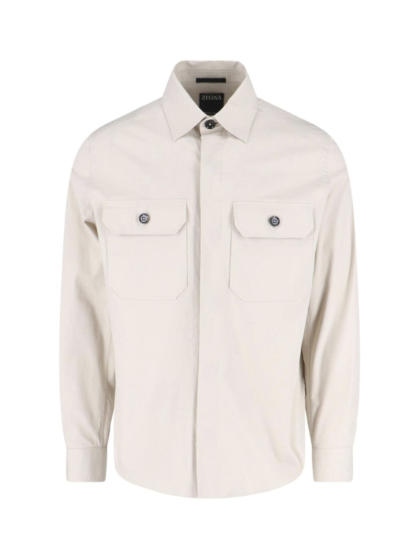 Zegna White Cotton-Blend Curved Hem Casual Shirt