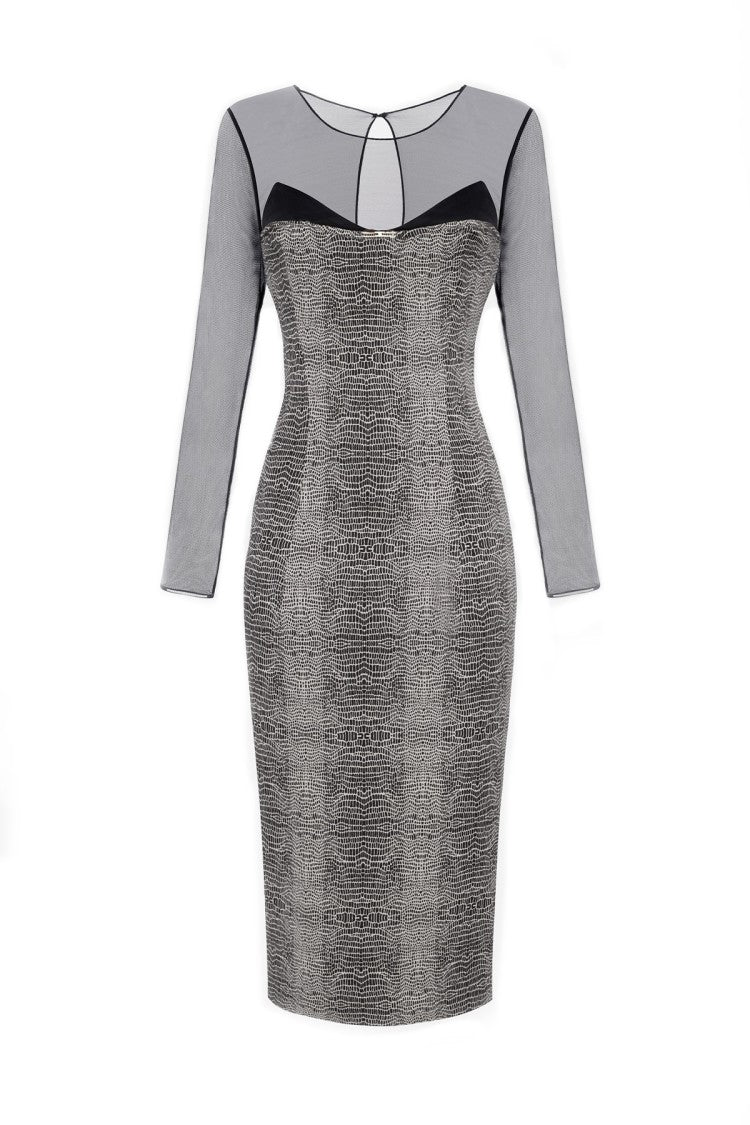 Elisabetta Franchi Grey Reptile-Print Sheer Mesh Sleeves Viscose-Blend Dress