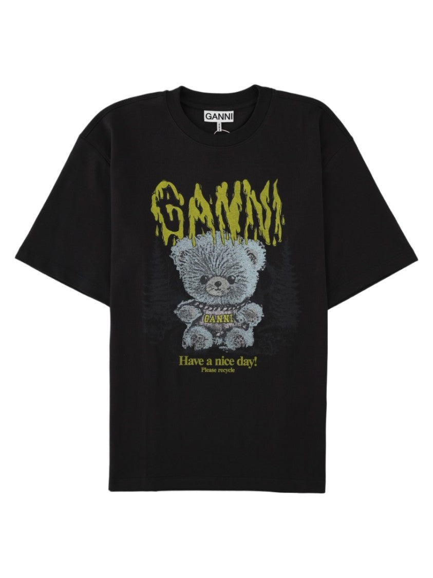 Ganni Black Teddy Bear Graphic Cotton T-Shirt