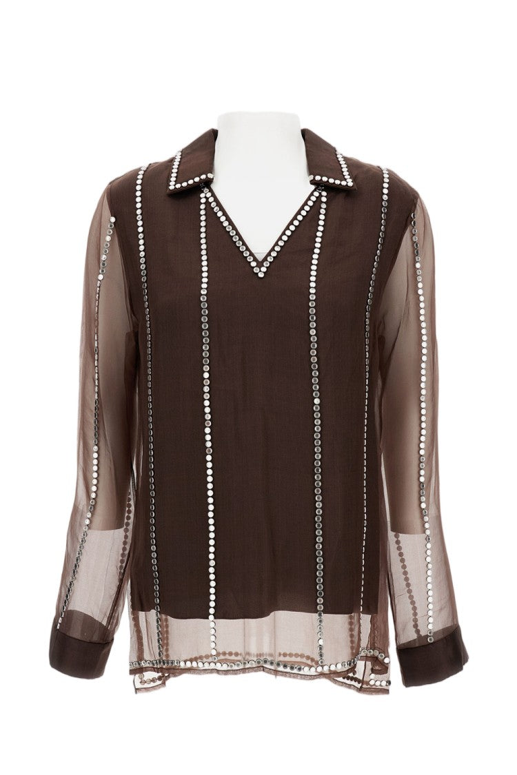 Wales Bonner Silk Organza V-Neck Shirt With Metal Stud Embellishments