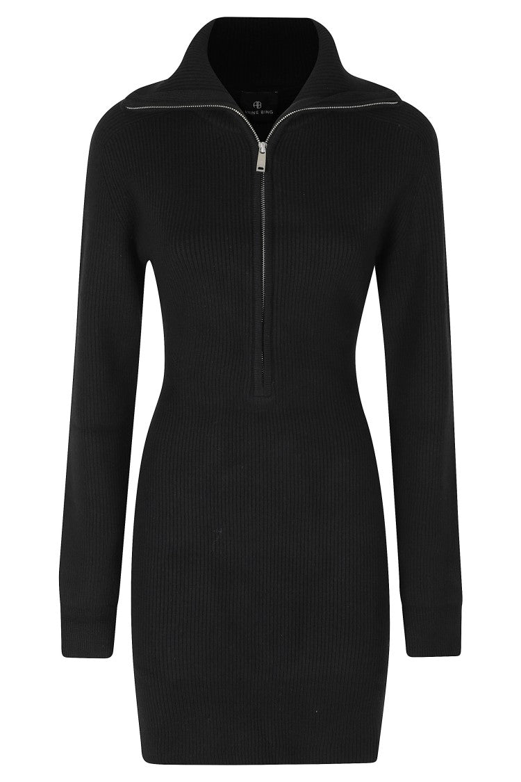 Anine Bing Black June Fitted Ribbed Cotton-Wool Day Dress