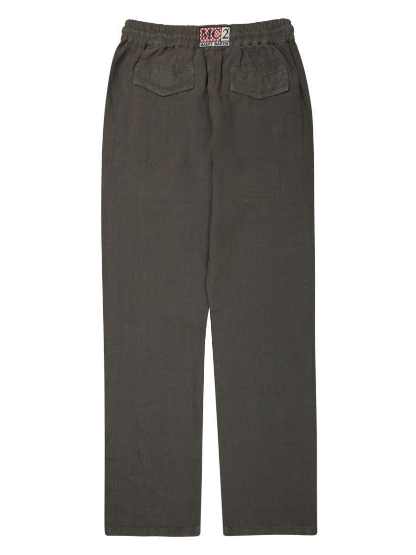 Mc2 Saint Barth Relaxed Fit Green Linen Trousers With Adjustable Drawstring Waist