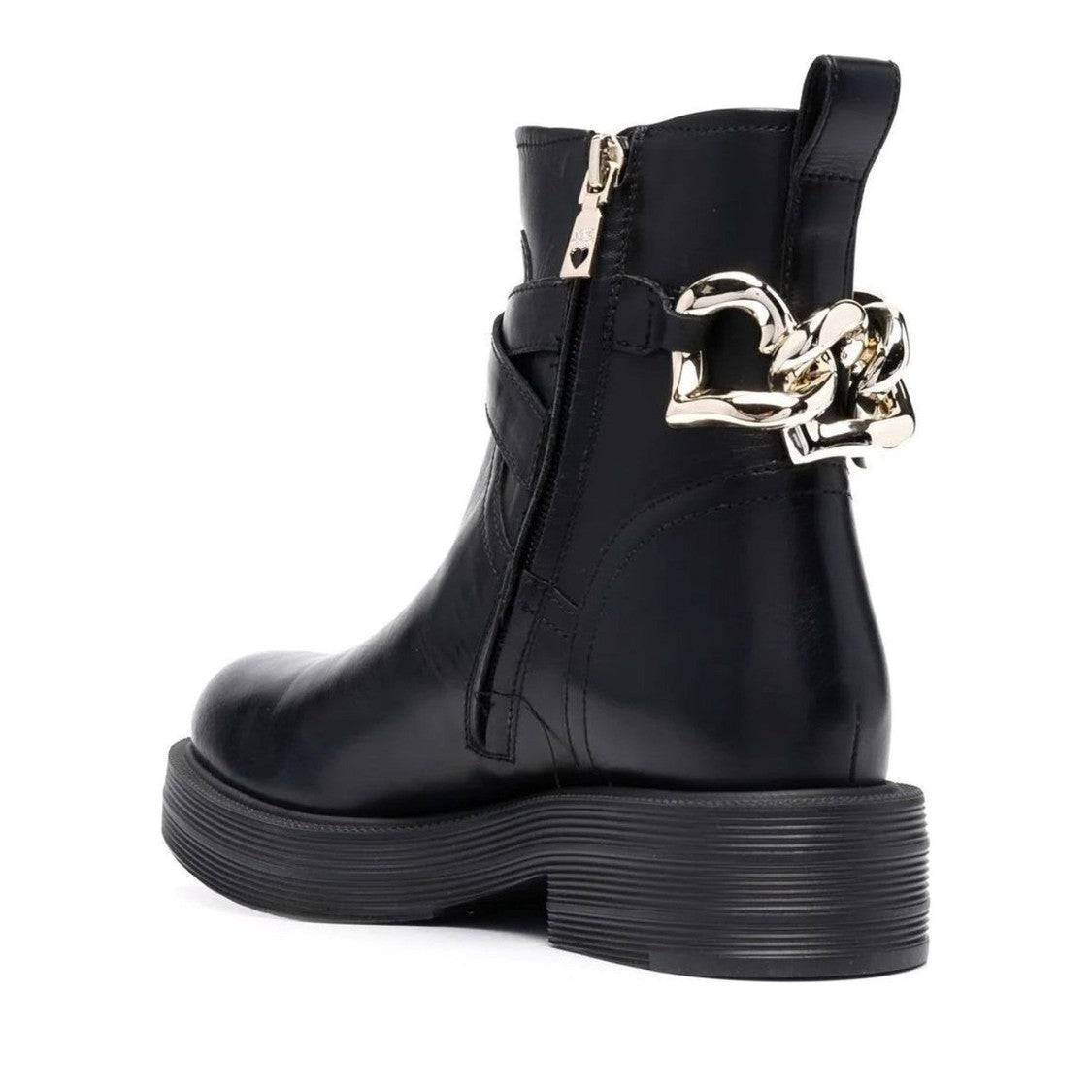 Love Moschino Black Leather Heart-Shaped Chain Boots