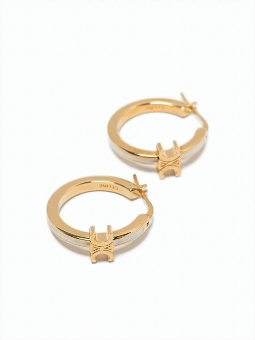 Celine Polished Brass Hoop Earrings With Emblem Detail