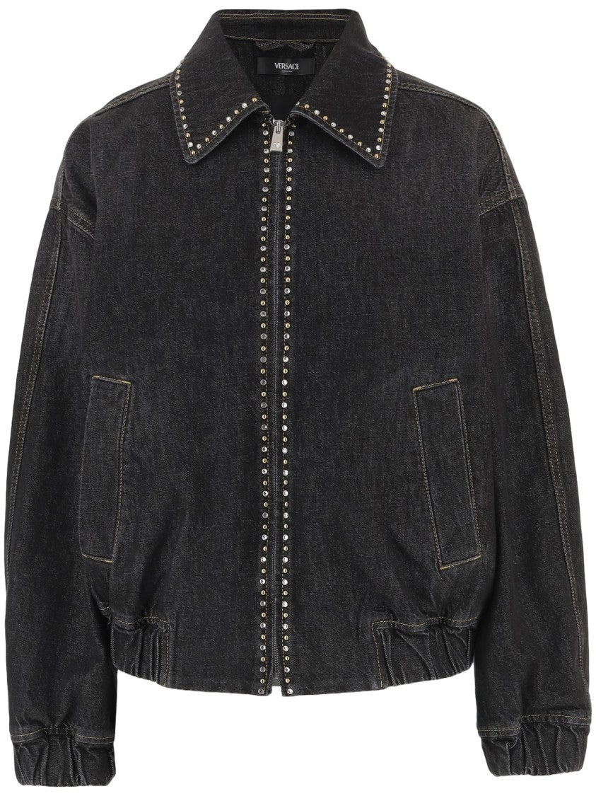 Versace Studded Black Cotton Jacket With Zip Closure