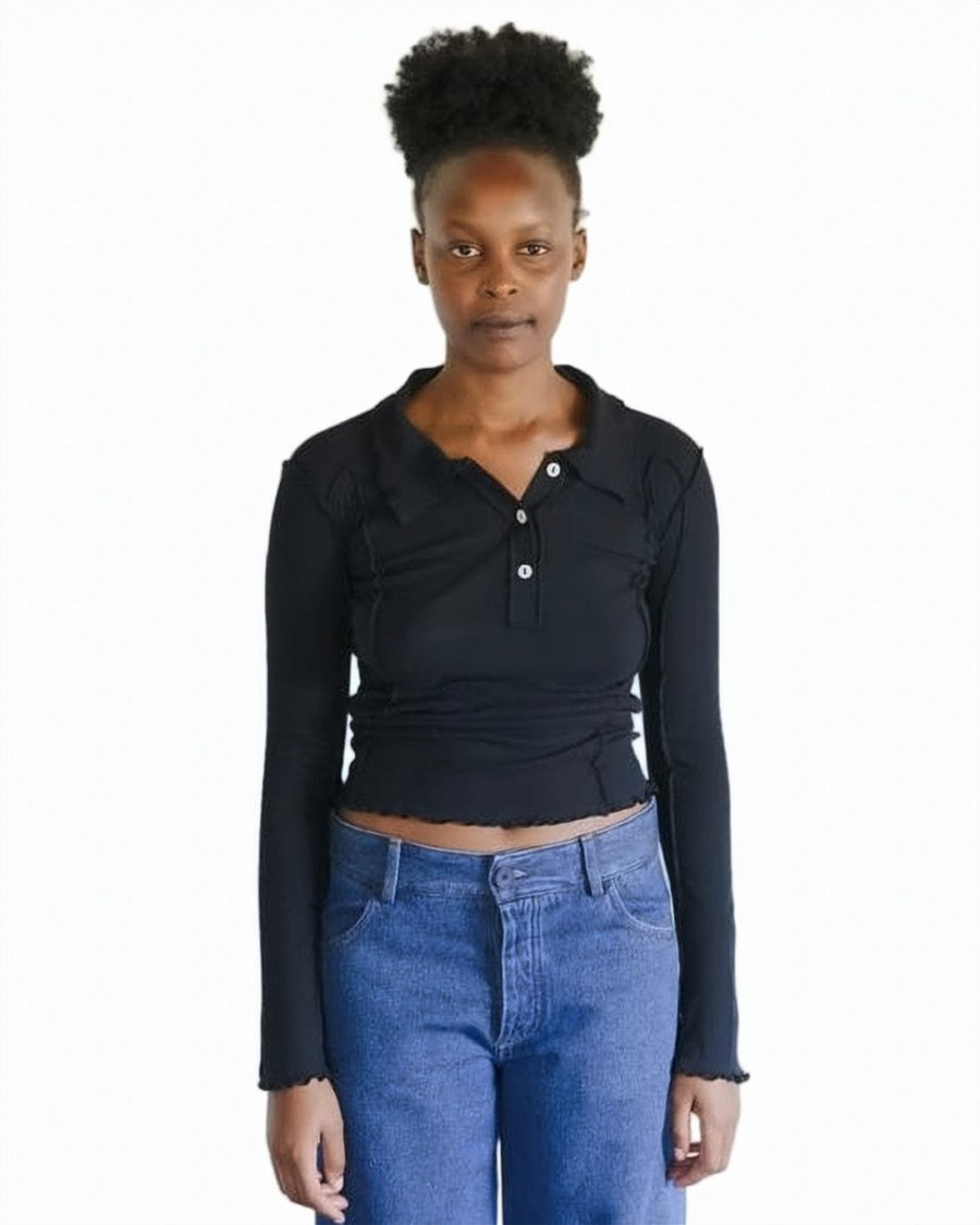Baserange White Fitted Long-Sleeve Ribbed Button Top