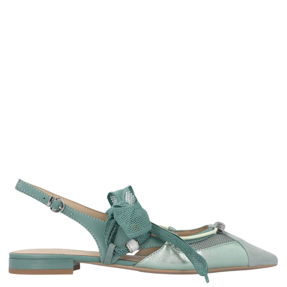 Pinko Green Slingback Lace-Up Leather Flats