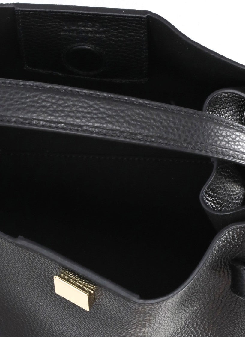 Yuzefi Structured Black Pebbled Leather Shoulder Bag With Golden Accents